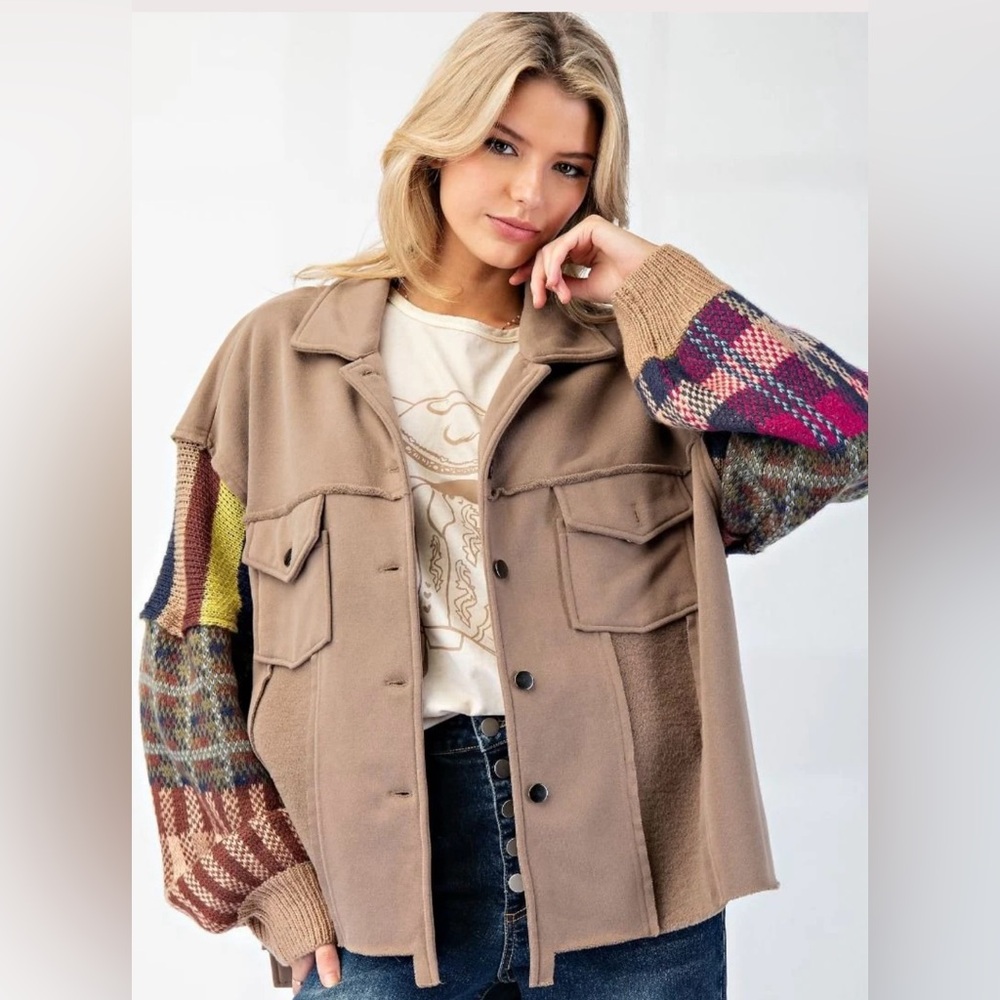Easel Tan Utility Jacket with Plaid Sleeves